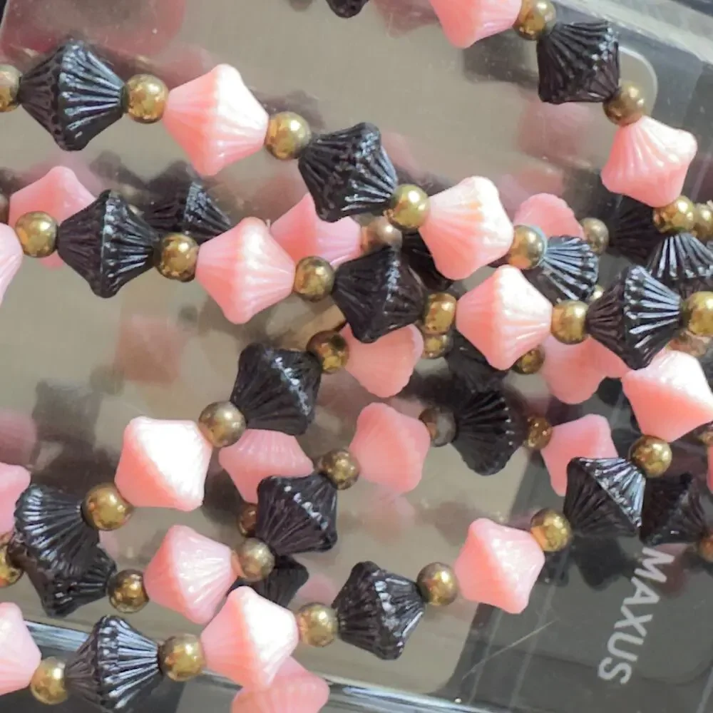 48” Vintage Art Deco Pink and Black Celluloid Trapezoid Necklace 1940’s Flapper